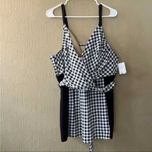 NWT Swim by Cacique Plus Size 26 Plaid Tankini Swim Top Wire Free Black & White